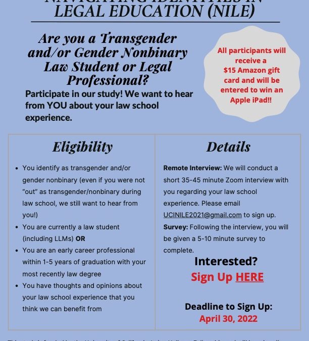 UCI Law Call for Participants: Trans/Nonbinary Law School Experience Study